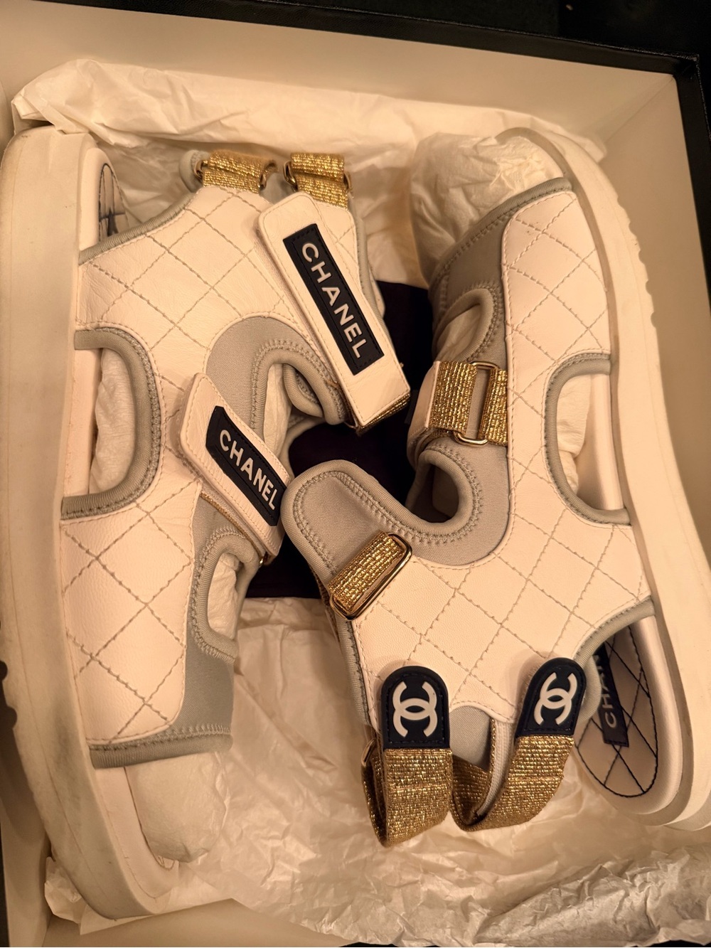 Chanel women’s White & Gold Quilted Sport Sandals